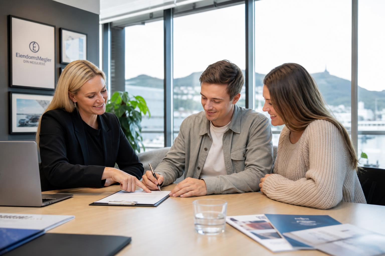 Utleiemegler gjennomgår og signerer leiekontrakt med par på meglerkontor i Norge